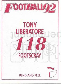 1992 Select AFL Stickers #118 Tony Liberatore Back